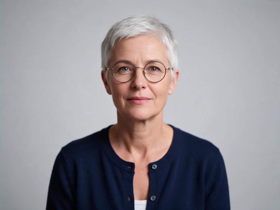 Input photo 2 for example 2: a woman with short grey hair and round glasses (AI-generated sample person)